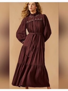 NWT a loves a Long Sleeve Button Down Maxi Dress: Dark Brown W/ Details: Size- L